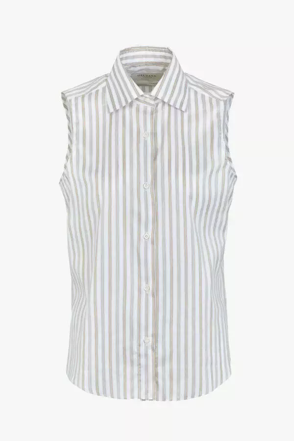 The Melissa Shirt Cotton and Silk White, Green & Mustard Stripes front